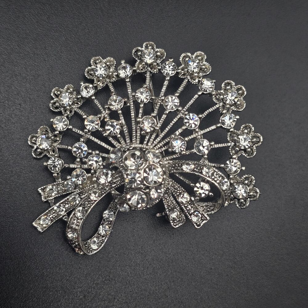 Rhinestone Flower and Bow Brooch Silver Tone Vintage Costume Jewelry